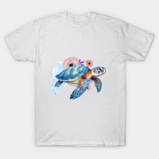 Trendy Watercolor Floral Sea Turtle . T-Shirt